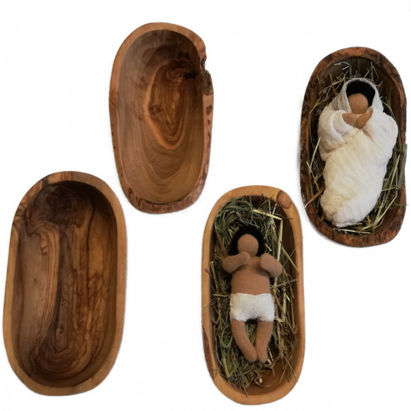 Olivenholzkrippe mit Heu für 50cm Figur